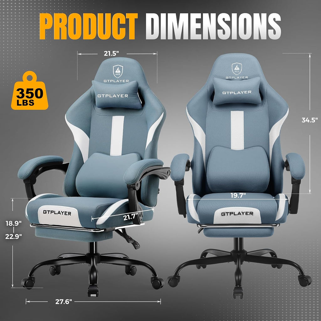 GTPLAYER Gaming Chair Ergonomic Office Chair with Foot Rest & Pocket Spring Cushion, High Back Computer Desk Chair with Headrest & Lumbar Support, Breathable Fabric Game Chair for Adults, Blue
