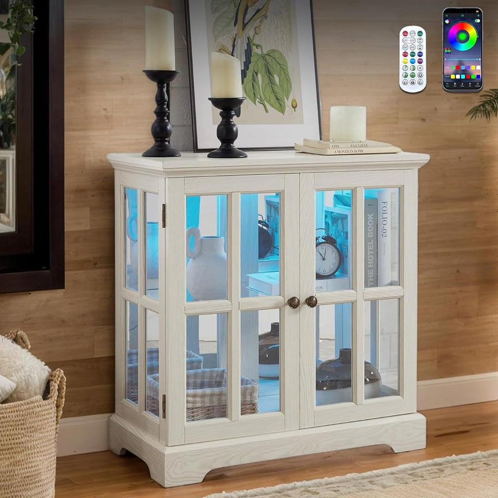 32' H LED Accent Curio Cabinet with 7 Color Lights for Collectibles, Modern Storage Cabinet with Tempered Glass Doors, Sideboard Buffet Case with Smartphone-Controlled Lights (White)