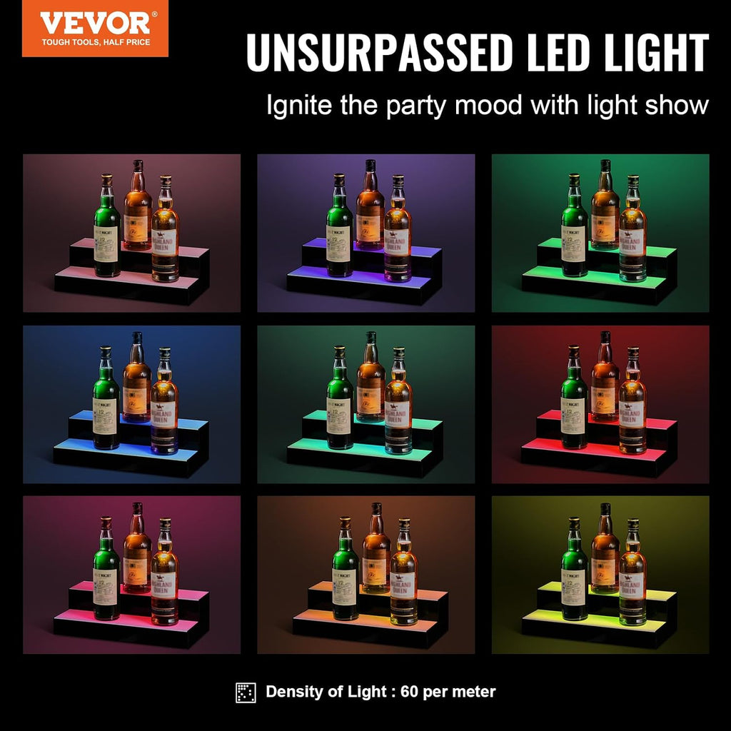 VEVOR LED Lighted Liquor Bottle Display, 2 Tiers 16 Inch Commercial Illuminated Home Bar Shelf, 2 Steps Whiskey Rack Stand, Acrylic Drink Shelves with RF Remote & App Control, and Multicolor Light