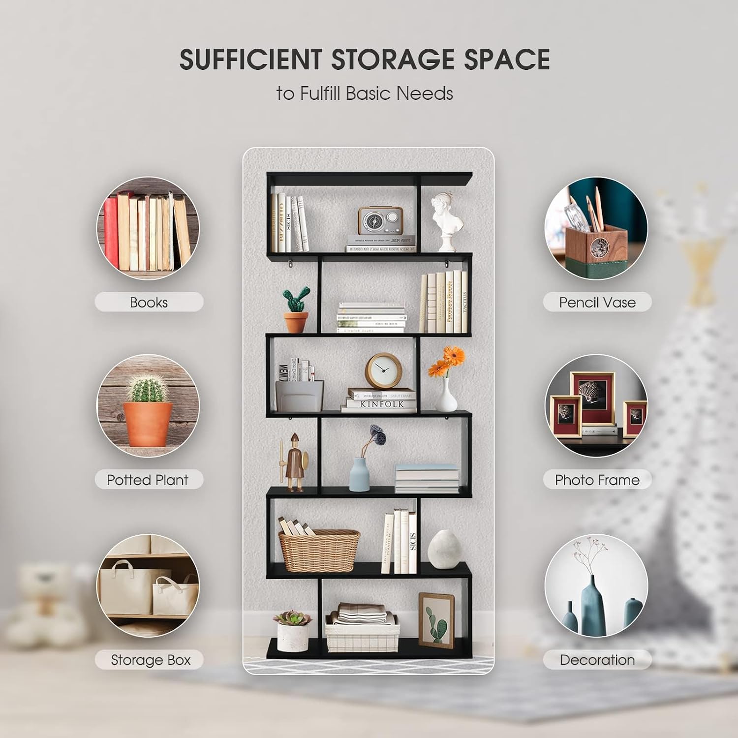 Giantex Geometric Bookcase Set of 2, S-Shaped Wooden Bookshelf, 6-Tier Modern Freestanding Decorative Storage Display Shelves for Bedroom, Living Room (2, Black)