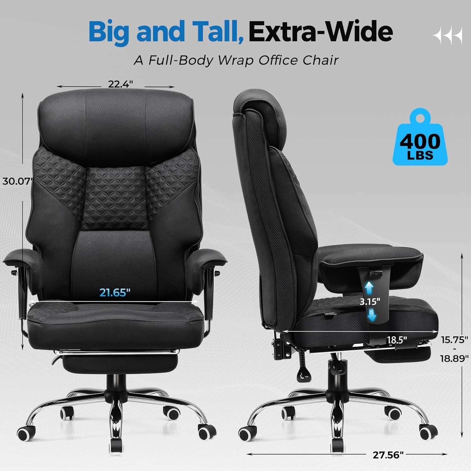 GTPLAYER Big and Tall Office Chair, High Back Computer Gaming Chair with Ergonomic Lumbar Support &Pocket Spring Cushion for Lower Back Pain Relief, Fabric Executive Chair with Foot Rest, Black