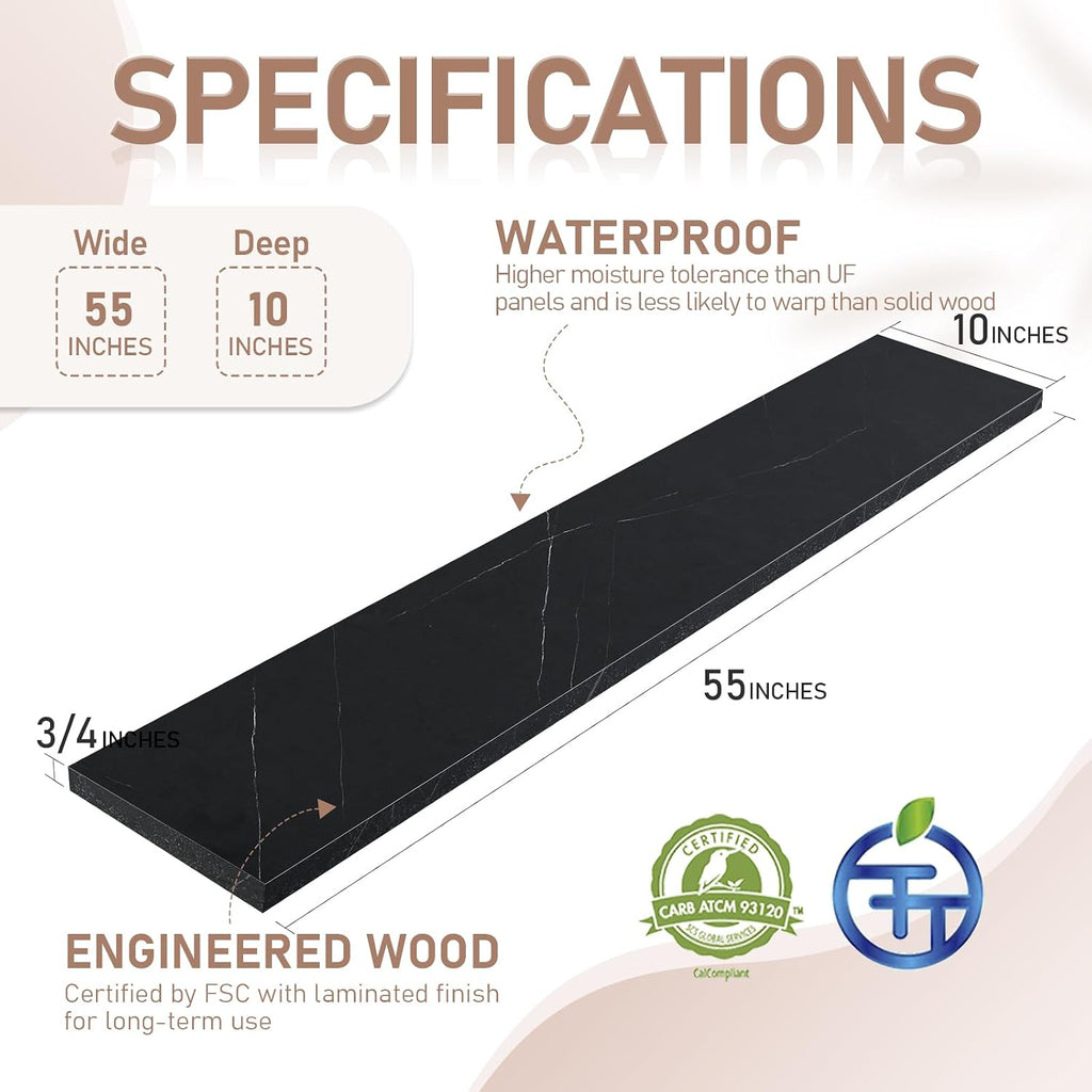 Kaboon 55 inch Long 10 inch Deep Floating Shelves for Wall Set of 2, Large Open Shelves Wall Mounted, Space Saving Home and Commercial Use, Cloud Atlas/Black Marble