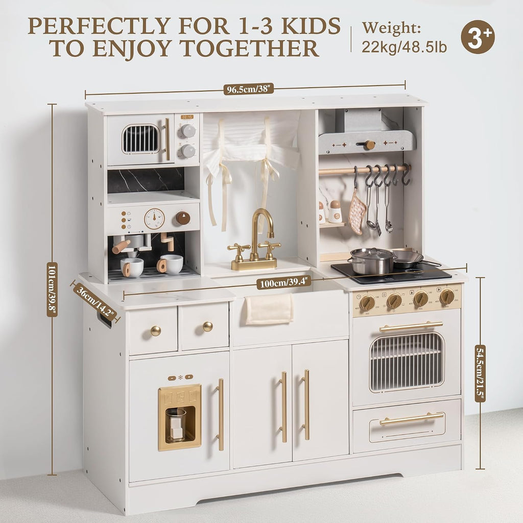 ROBOTIME Pretend Play Kitchen for Kids, Wooden Toy Kitchen with Ice Maker, Coffee Machine, Oven & Accessories – Fun Kitchen Set for Girls & Boys Age 3+