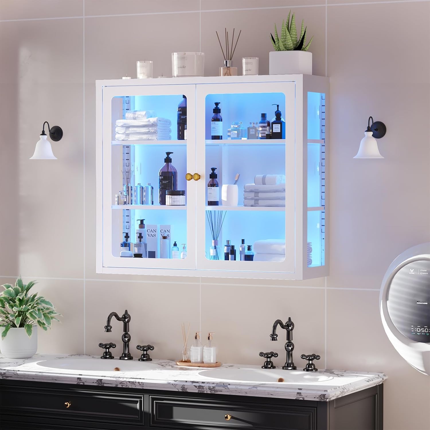 Bathroom Wall Cabinet with 13-Color Light, Wall Mounted 3-Sided Glass Display Cabinet with Adjustable Shelves, Floating Metal Medicine Storage Cabinet for Kitchen Living Room - White