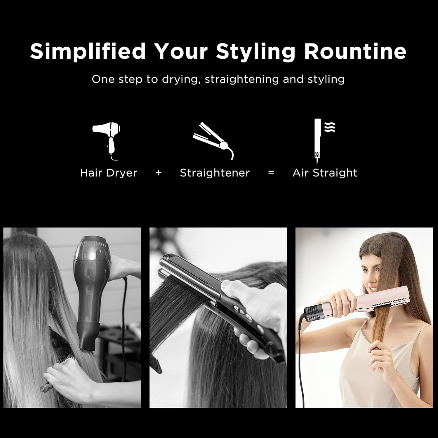 IG INGLAM Air Straightener, Style from Wet Hair, 2.2' Hair Dryer Straightener, 200M Negative Ionic, One-Step Air Straight for Medium and Long Hair(14'-30'), Pink