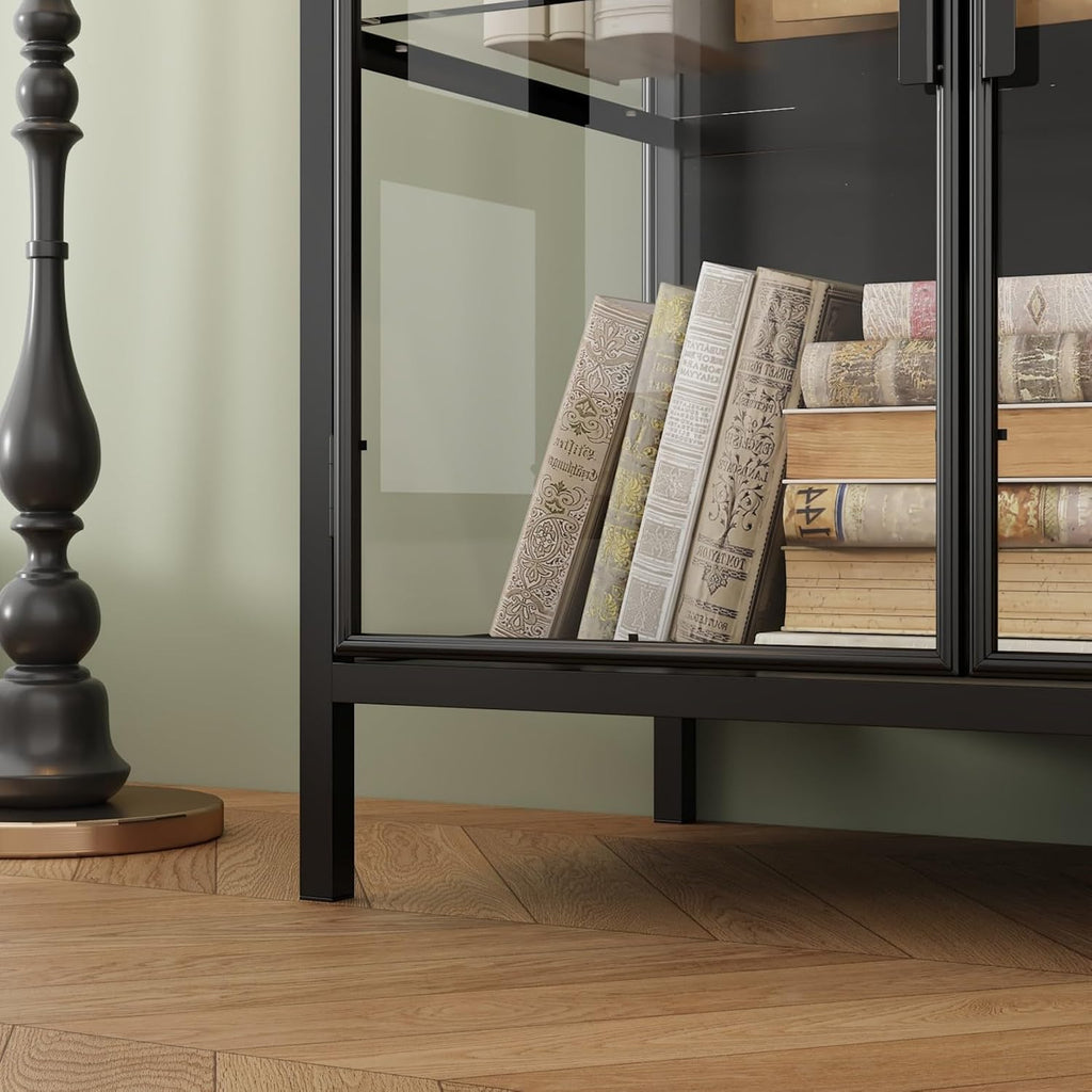 Display Cabinet with Glass Doors & LED Lights, Sideboard Buffet Cabinet with Glass Shelves & Metal Frame, for Living Room Black, 55.1'W x 15.7'D x 29.5'H