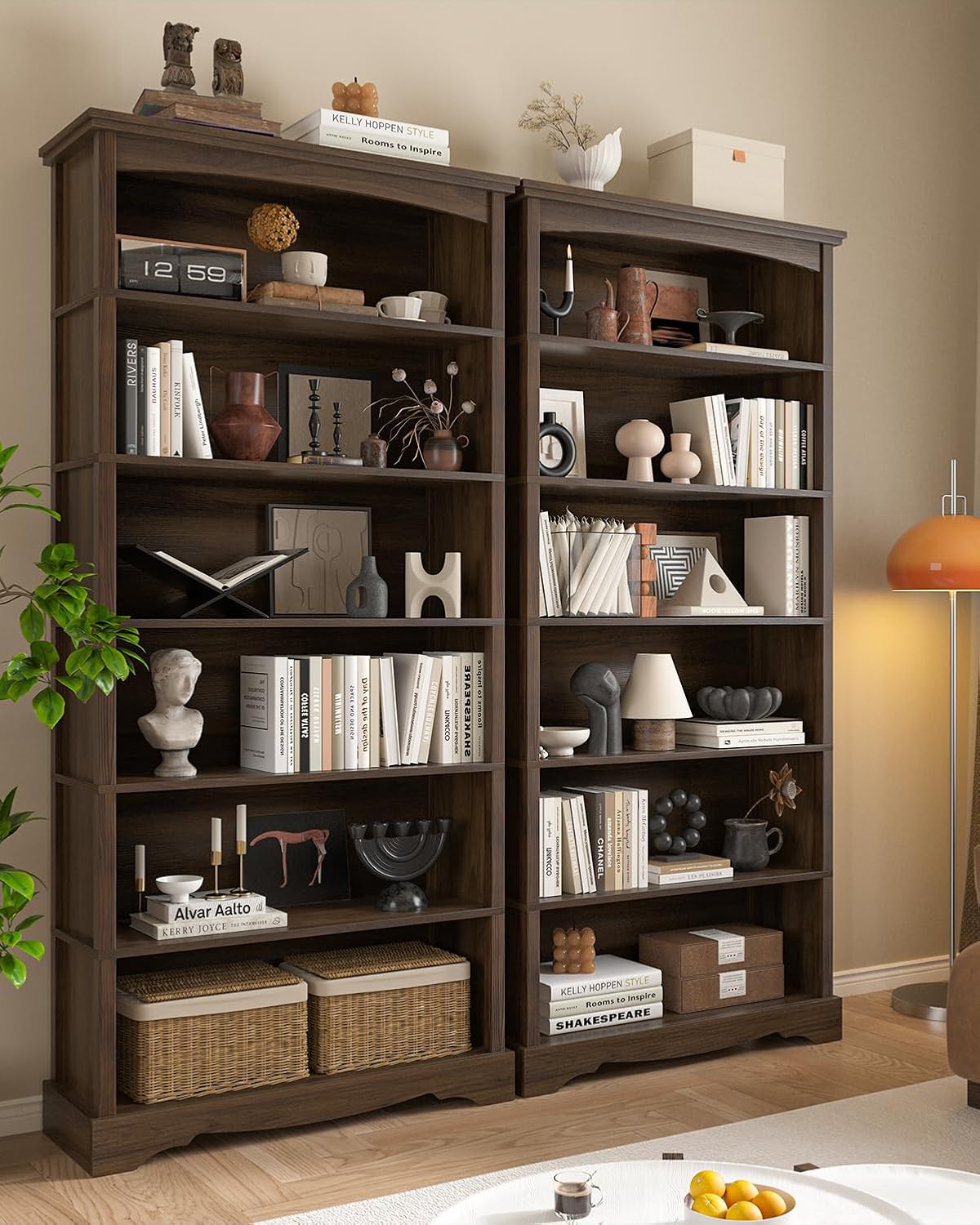 TVU 6-Tier Wooden Bookshelf, 76 Inch Tall Bookshelf with Storage, Floor Standing Modern Style Display Bookcase for Living Room, Office, Study Room, Entryway, Brown