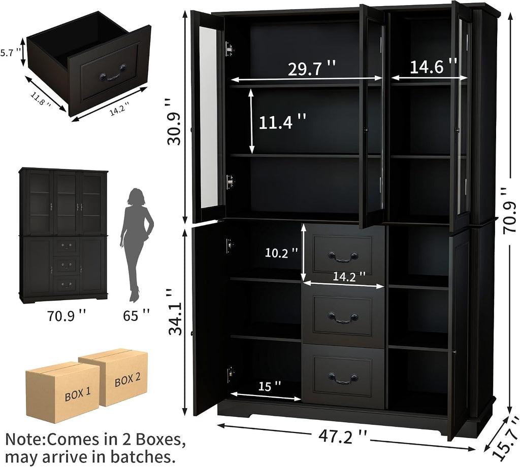 70.9' Tall Bookcase Display Storage Cabinet Hutch with Glass Doors & Drawers - Curio Display Bookshelf Kitchen Pantry for Home, Kitchen, Living Room.