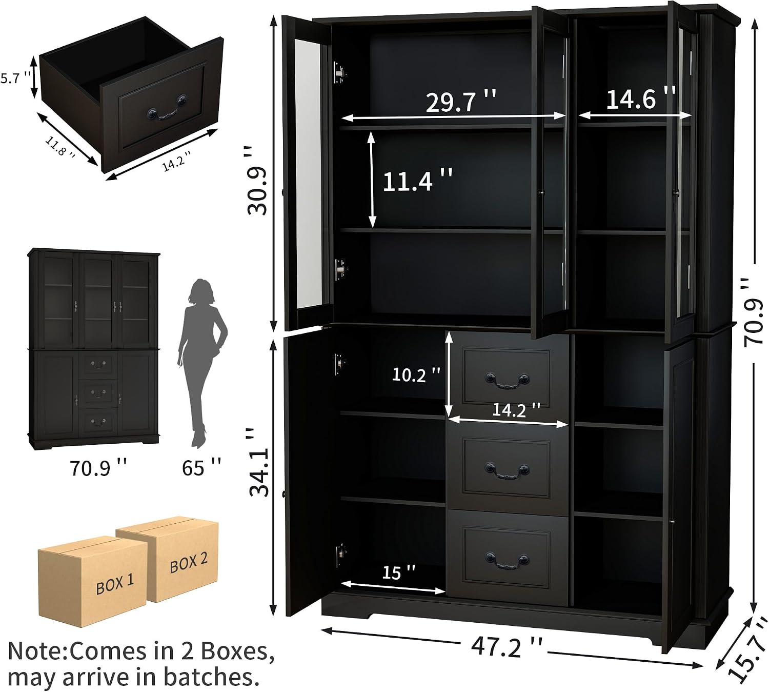 70.9' Tall Bookcase Display Storage Cabinet Hutch with Glass Doors & Drawers - Curio Display Bookshelf Kitchen Pantry for Home, Kitchen, Living Room.