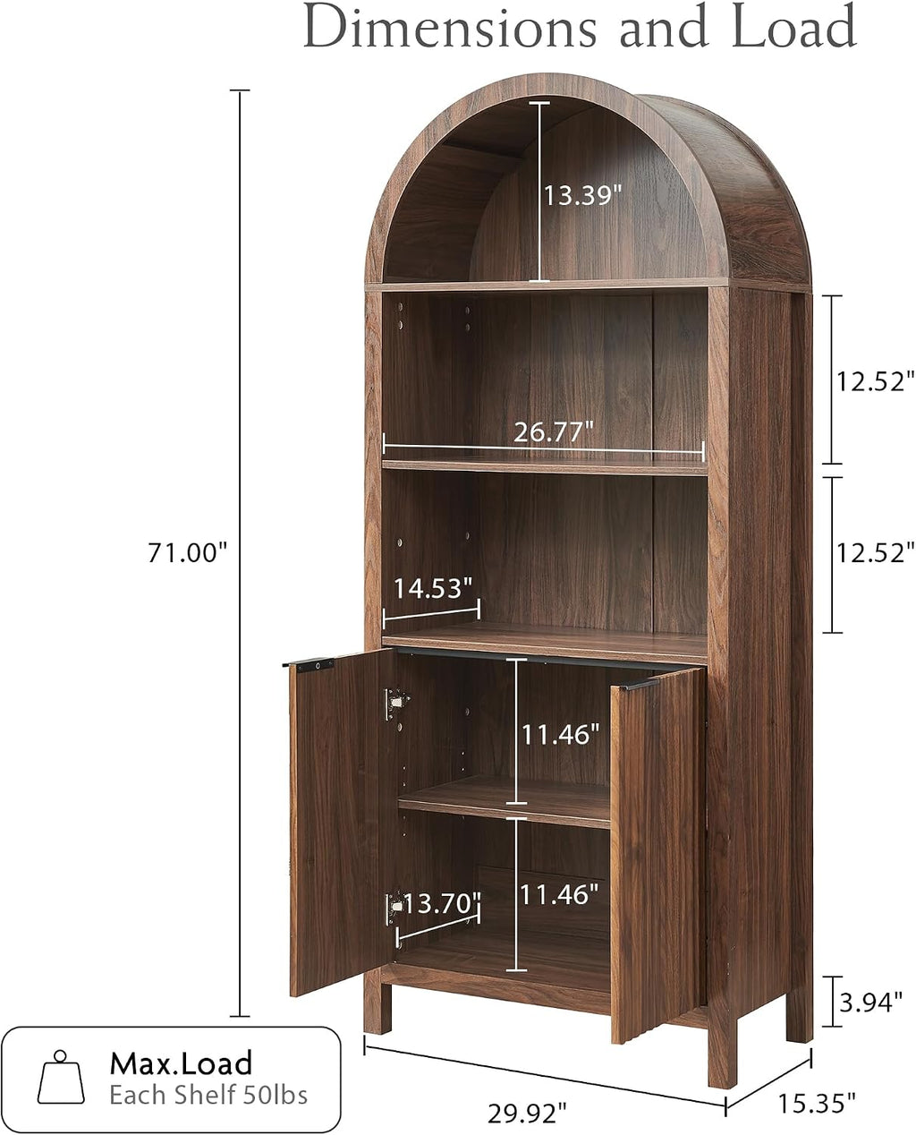 Arched Cabinet Bookshelf Bookcase - 71' Tall Mid Century Arched Display Cabinets, Rounded Bookshelf with Fluted Doors, Open Shelf Storage Cabinet for Dining Room (Walnut)