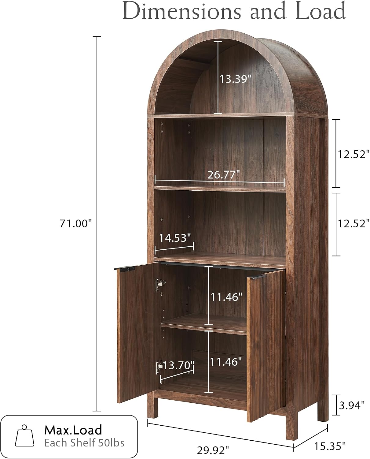 Arched Cabinet Bookshelf Bookcase - 71' Tall Mid Century Arched Display Cabinets, Rounded Bookshelf with Fluted Doors, Open Shelf Storage Cabinet for Dining Room (Walnut)