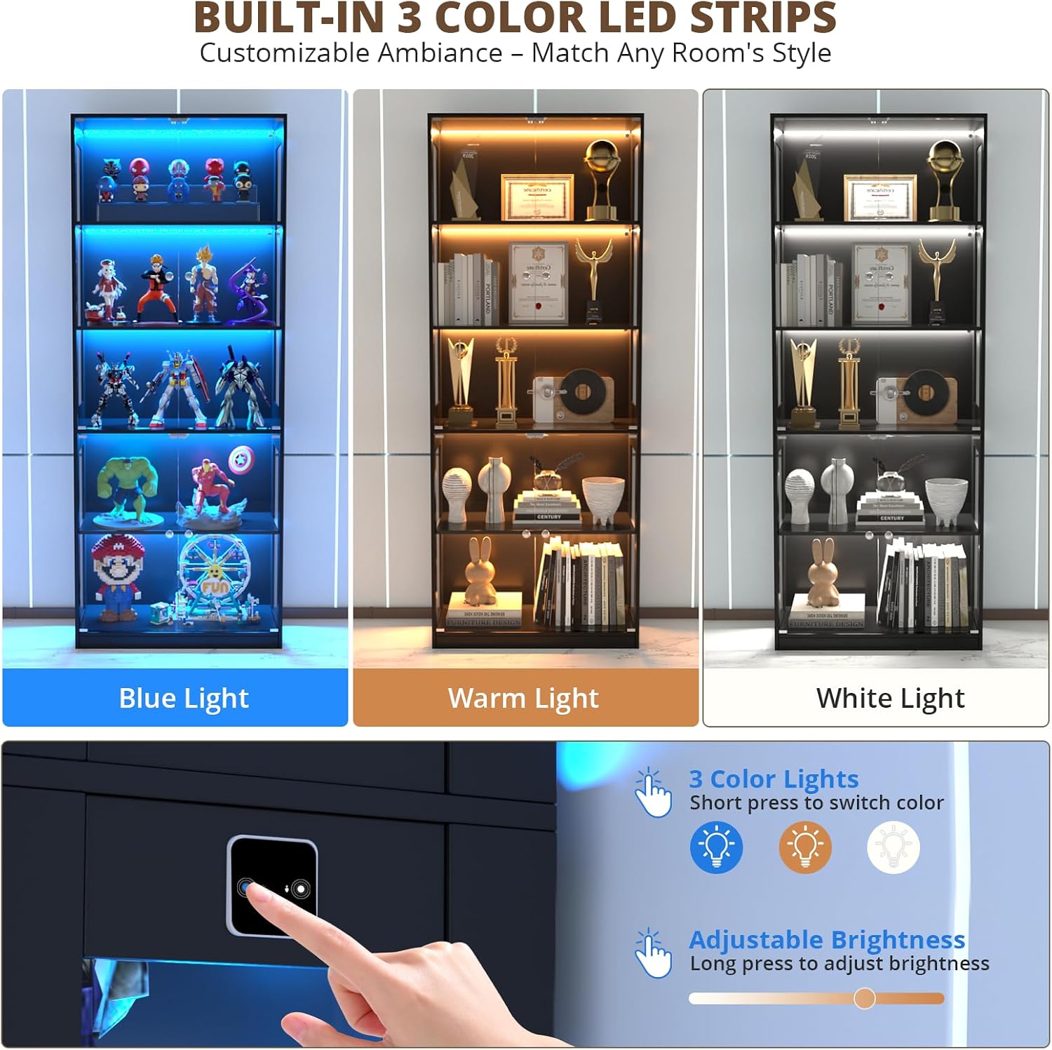 VOWNER 80'' Display Cabinet with Glass Door, 5-Tier Curio Cabinet for Collectibles Trophy, Glass Display Case with Human Body Sensor, 3 Color Lights, Bookcase Storage Cabinets for Living Room, Study