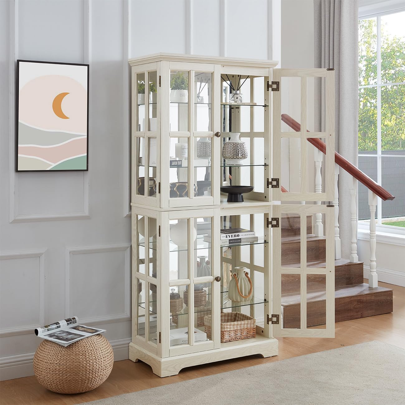 Lighted Glass Curio Cabinet with Lights & Adjustable Shelves,Curio Display Cabinet with Wood Frame & Glass Door,Corner Antique Display Case for Kitchen,Living Room,Office