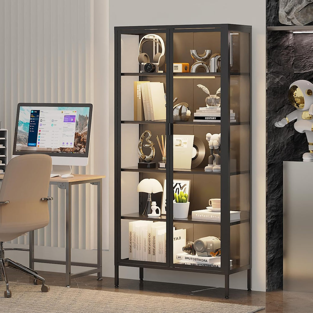 71' H Display Cabinet with Glass Doors,Display Case with LED Sensor Lights,Glass Display Cabinet with Adjustable Shelves and Feet,Display Cabinets for Living Room/Bedroom/Kitchen