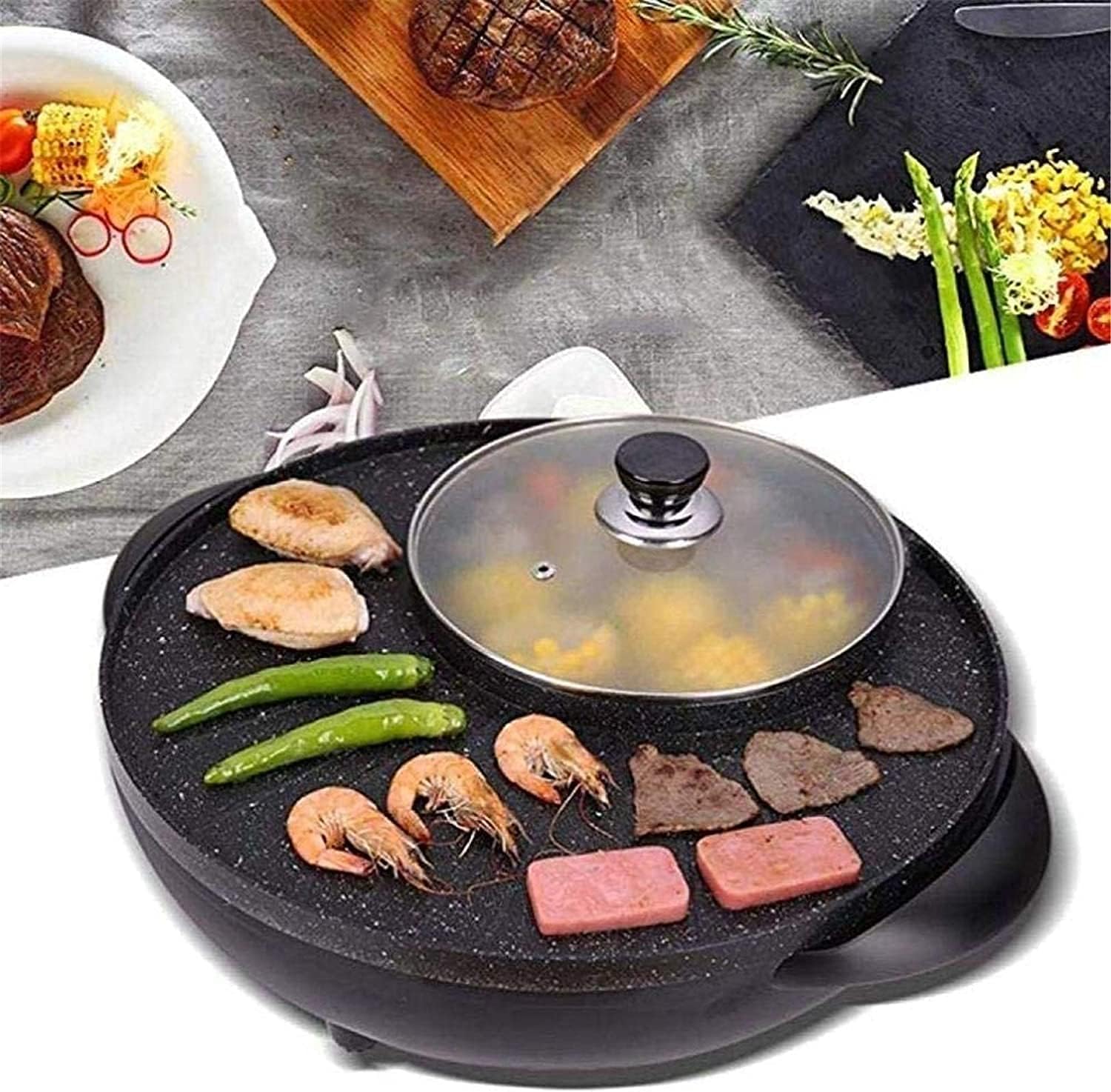 Electric BBQ Grill Indoor BBQ Grill and Hot Pot,Multi-Function Barbecue Hot Pot Double Pot Electric Grill Home Electric Baking Tray 1500W [Energy Class A],Portable Nonstick Griddle