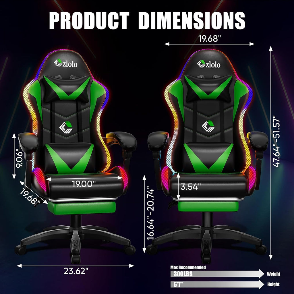 Czlolo Gaming Chair, Racing Style RGB LED Lights Gaming Chairs for Adults and Kids, Lumbar Massager Gamer Chair, High Back Reclining Computer Chair with Footrest and Headrest (Black/Green)