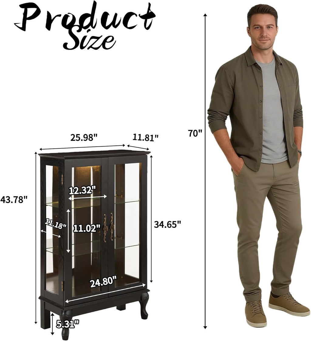 43' H Lighted Glass Curio Display Cabinet, 3-Tier Glass Accent Storage Cabinet Curio Showcase w/Adjustable Shelves,Wine Artwork Storage Rack w/Mirrored Back Panel for Living Room(Black)