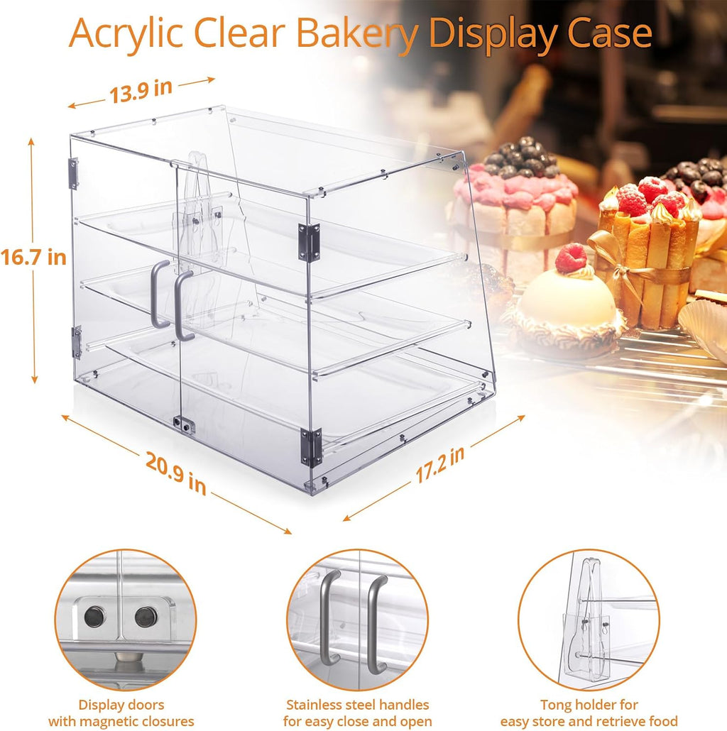 3-Tray Bakery Display Case, Acrylic Clear Display Case Countertop for Bread Pastry Dessert Food Cookie Display, Display Cabinet Box for Baking Enthusiasts - 20.86 x 17.3 x 16.5 inch
