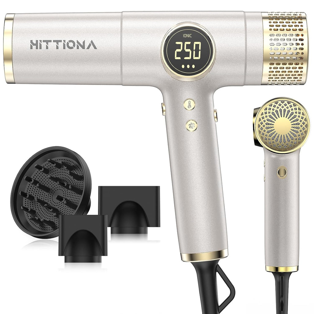 HITTIONA Dual Voltage Travel Hair Dryer with Magnetic Diffuser - 2000W High-Speed Ionic Hair Dryers Gift for Women, Fast Drying, Low Noise, Lightweight, No Heat Damage, European Travel 110V-240V, Gold
