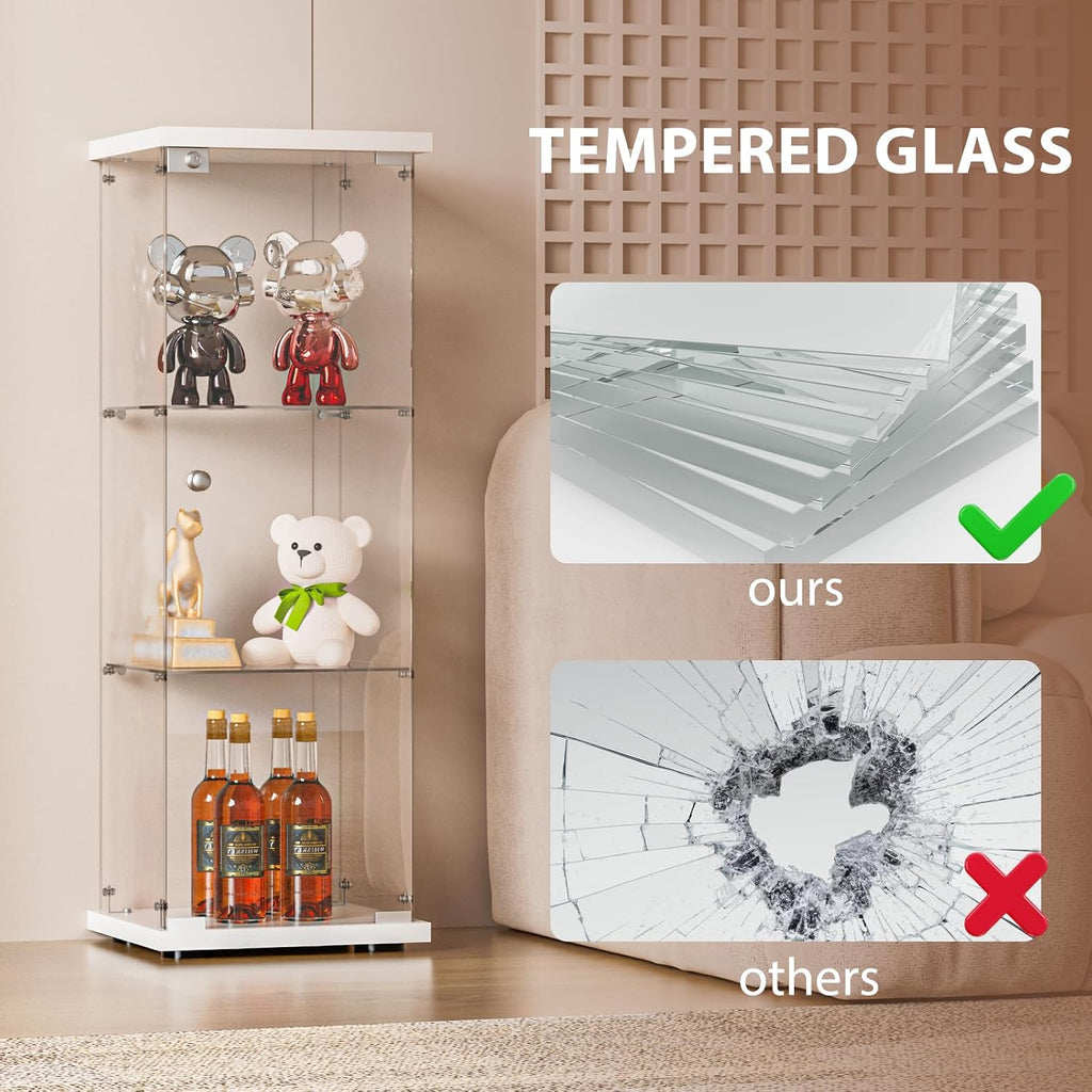 FANYUSHOW 3-Shelf Glass Display Cabinet with Door, Upgraded Quick-Install Style Curio Cabinets 4mm Tempered Glass Floor Standing Bookshelf for Bedroom, Living Room 49.1'x 16.7'x 14.3' White