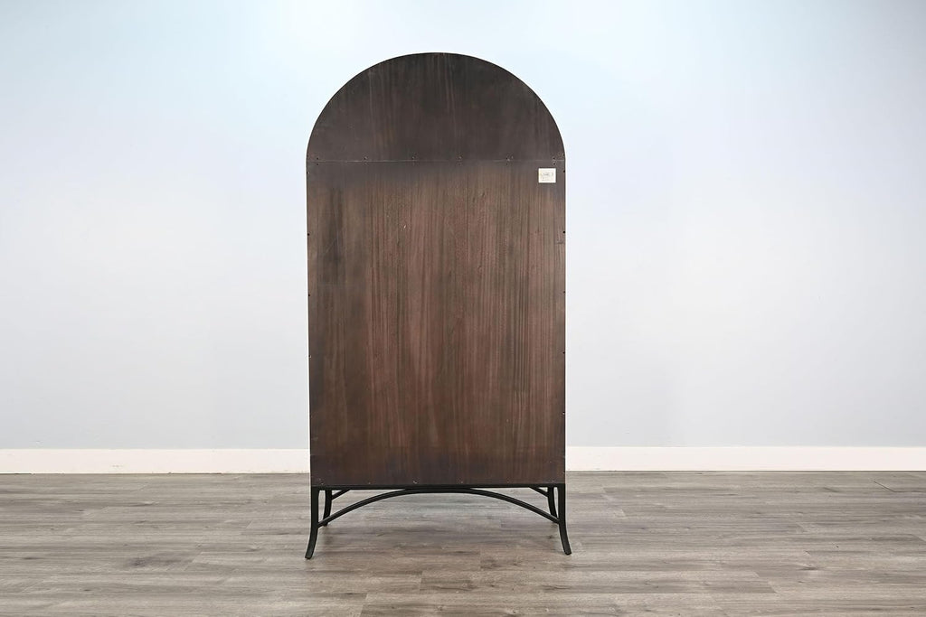 Sunny Designs Ella Arched Metal & Wood Display Cabinet with Glass Doors – Powder-Coated Steel Frame, Magnetic Latches, Adjustable Shelves, Windowpane Design, Living Room Storage (Bergen Oak)