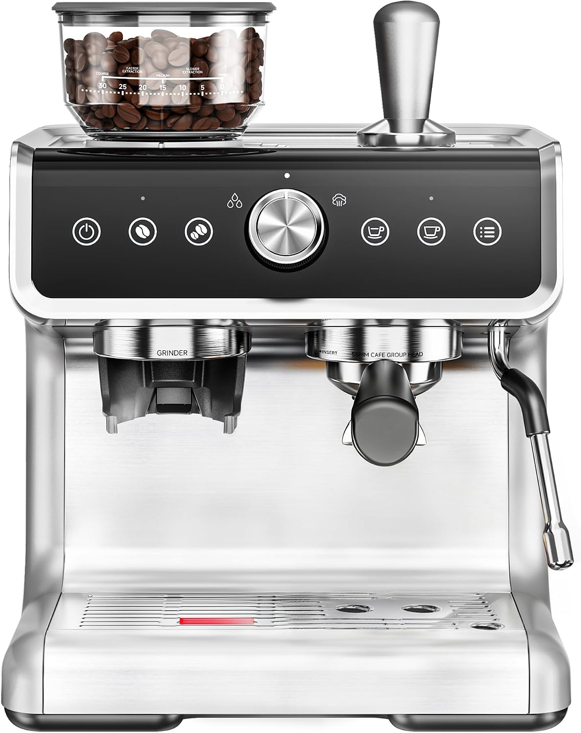Coffee Maker with Grinder, 30 Settings & 20 Bar Pump, Espresso Machine with 58mm Portafilter & Milk Frother for Cappuccino or Latte
