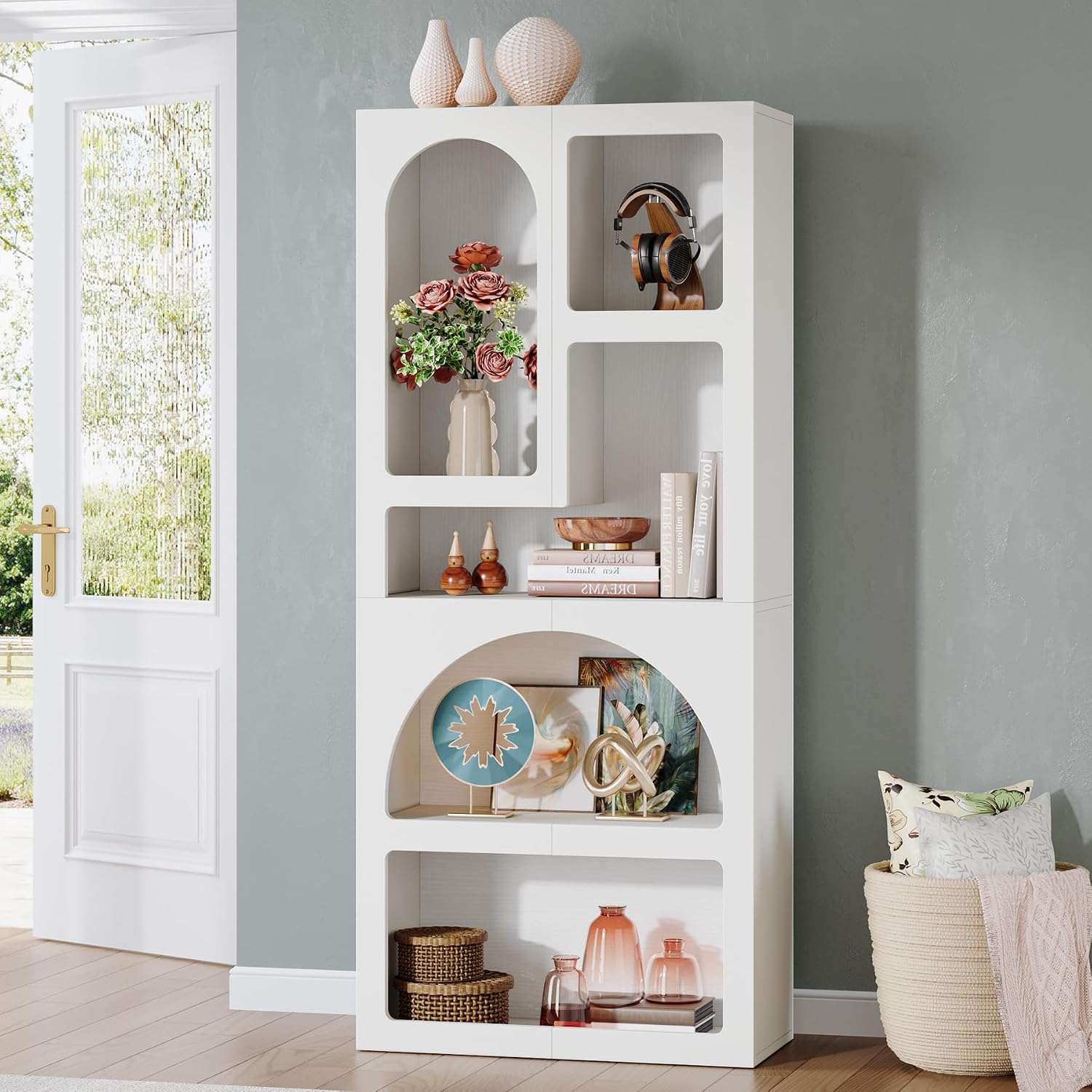 Tribesigns 70.87' Tall Geometric Bookshelf, White Arched Bookcase with 5 Irregular Storage Shelves, Modern Open Art Decor Display Shelf Free-Standing for Living Room, Bedroom, Closet