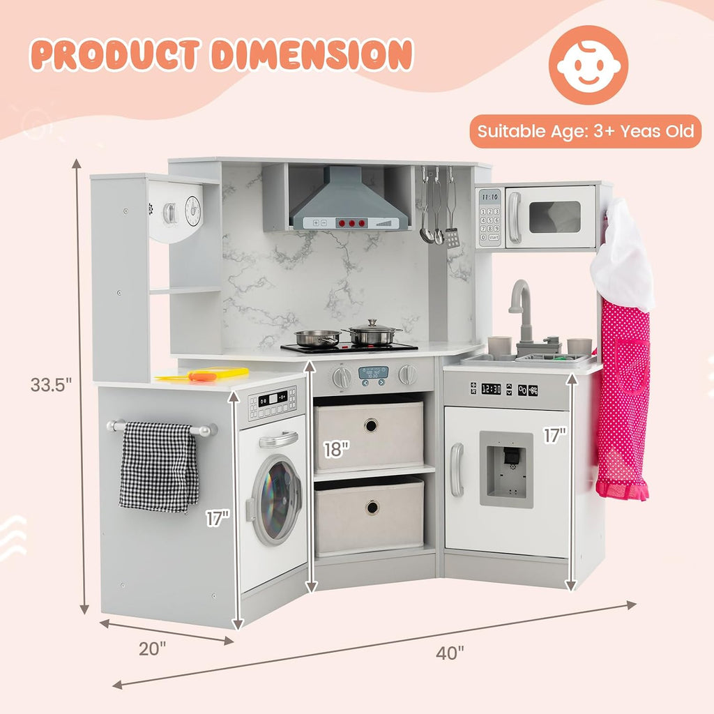 INFANS Kids Kitchen Playset with Real Running Water, Ultimate Wooden Corner Pretend Cooking Set with Simulation Light Sound Stove Storage Cabinet, Play Toy Gift