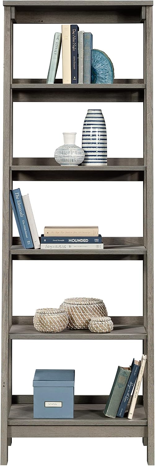 Sauder Ladder Bookshelf 5 Tier Trestle Ladder Shelf Wooden Bookcase, in Mystic Oak