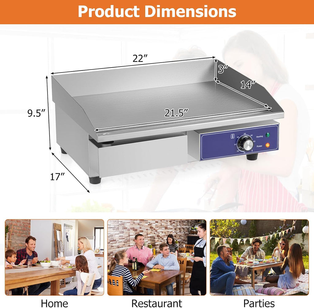 Happygrill 22' Commercial Electric Griddle, Stainless Steel Flat Top Grill w/Adjustable Temperature Control 122℉-572℉, Complete Accessories, 2000 W Electric Countertop Griddle for Kitchen Restaurant