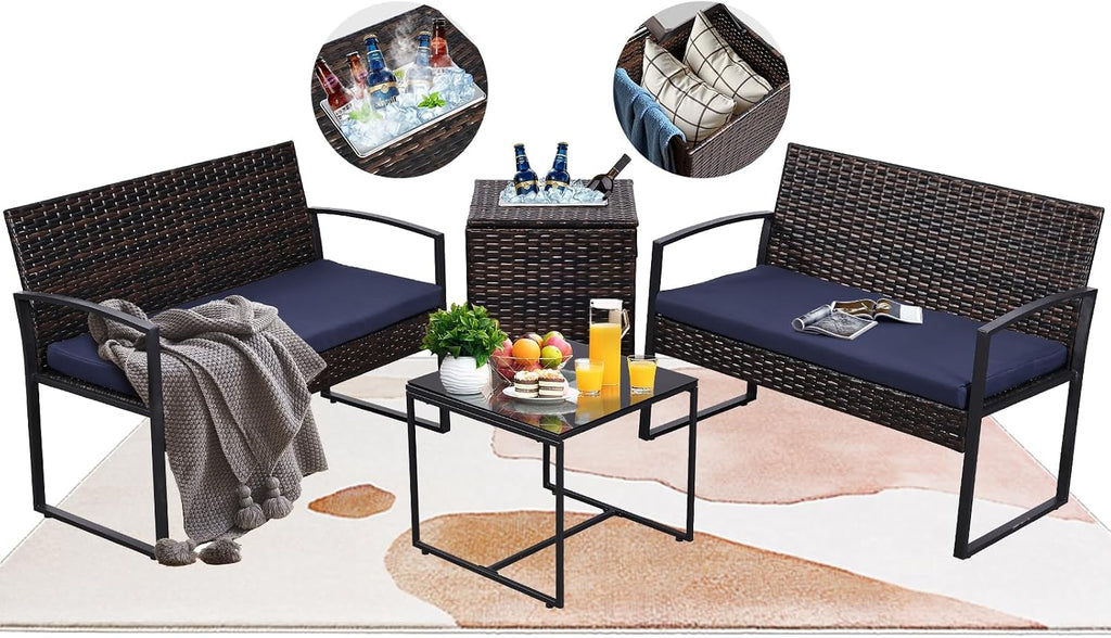 FHFO 4 Piece Outdoor Patio Furniture Set with Built-in Beverage Cooler Storage Box, Wicker Conversation Sets Patio Outdoor Loveseats & Coffee Table for Outside, Garden, Balcony, Porch, Brown/Blue