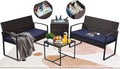FHFO 4 Piece Outdoor Patio Furniture Set with Built-in Beverage Cooler Storage Box, Wicker Conversation Sets Patio Outdoor Loveseats & Coffee Table for Outside, Garden, Balcony, Porch, Brown/Blue