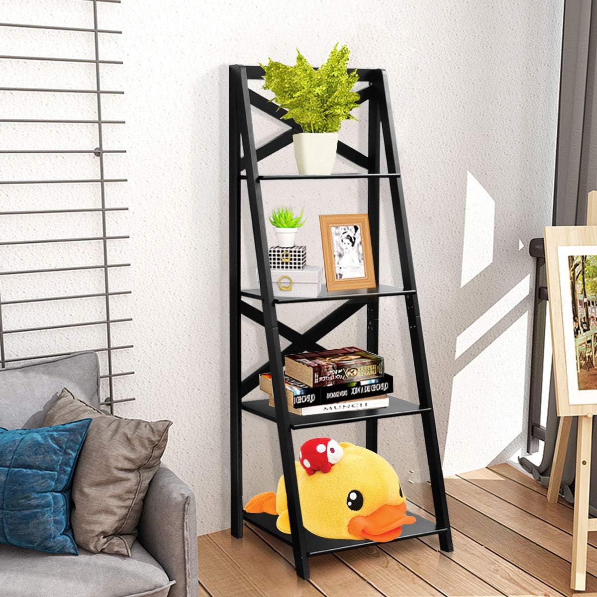 Tangkula 4-Tier Ladder Shelf Bookcase (Set of 2), Leaning Free Standing Wooden Frame Decor Bookshelf, Storage Flower Shelf, Plant Display Shelf for Home Office