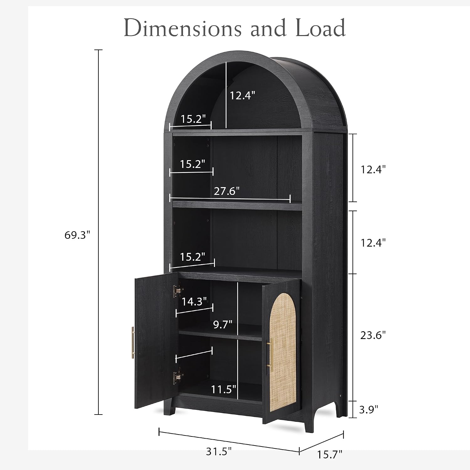 RowyPoey Rattan Arched Cabinet Bookshelf - 69.3' Tall Mid Century Display Cabinet, Rounded Bookcase with Rattan Doors, Open Shelf Storage for Dining Room (Black, 2 PCS)