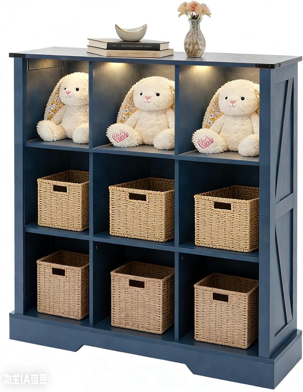 9 Cube Storage Organizer with LED Lights, Wooden Cube Bookcase with Back Panel, Blue Cube Shelf Freestanding Bookshelf, Hallway TV Stand for Living Room, Bedroom, Office