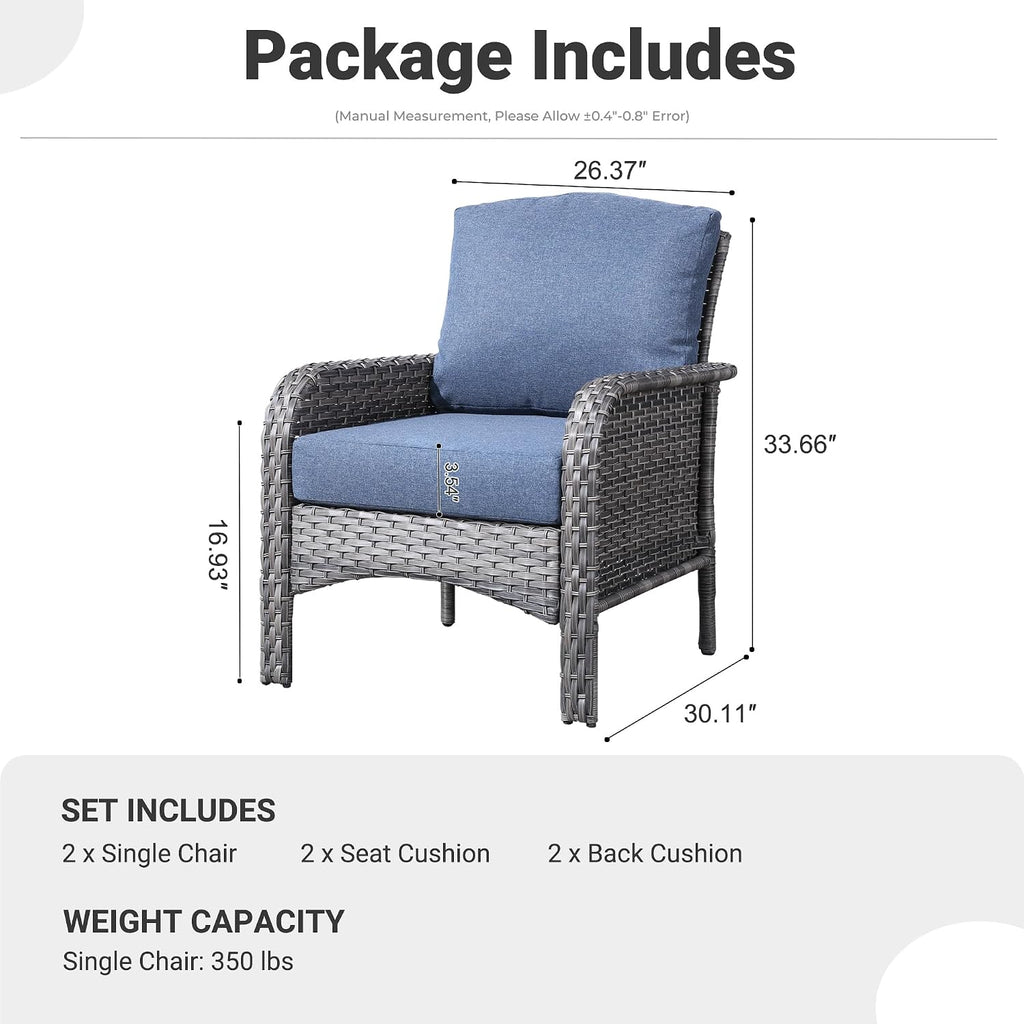 ovios 2-Piece Patio Furniture Set, Outdoor Wicker Sofa with Chairs, High Back Rattan Chair with Comfy Cushions for Porch Yard Deck, Denim Blue