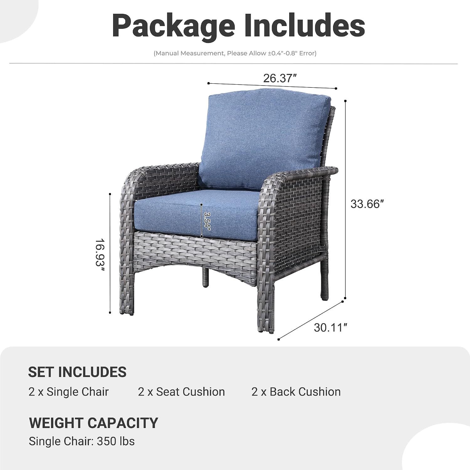 ovios 2-Piece Patio Furniture Set, Outdoor Wicker Sofa with Chairs, High Back Rattan Chair with Comfy Cushions for Porch Yard Deck, Denim Blue