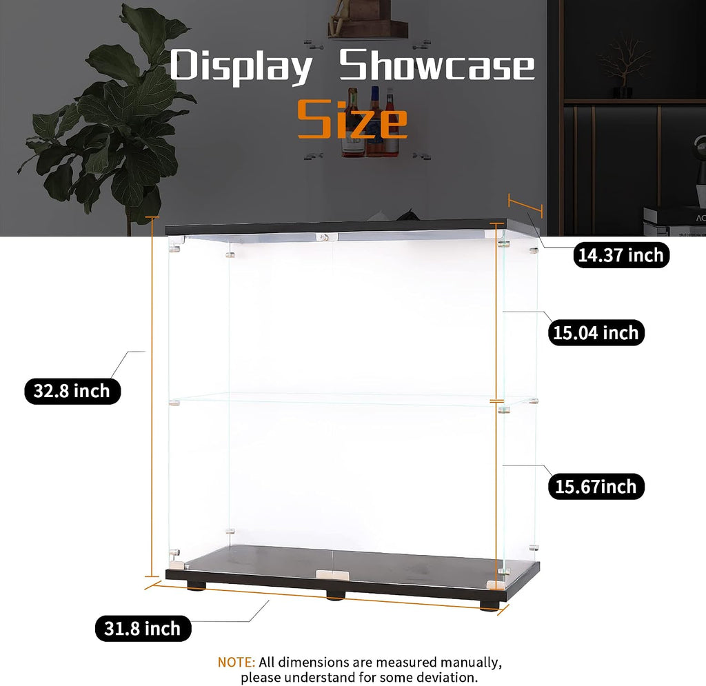 Beauty4U Glass Display Cabinet with 2 Shelves, 2 Doors Curio Cabinets for Living Room, Bedroom, Office, Black Floor Standing Glass Bookshelf, Quick Installation