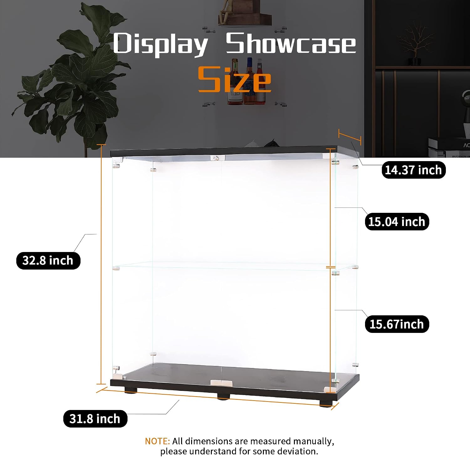Beauty4U Glass Display Cabinet with 2 Shelves, 2 Doors Curio Cabinets for Living Room, Bedroom, Office, Black Floor Standing Glass Bookshelf, Quick Installation