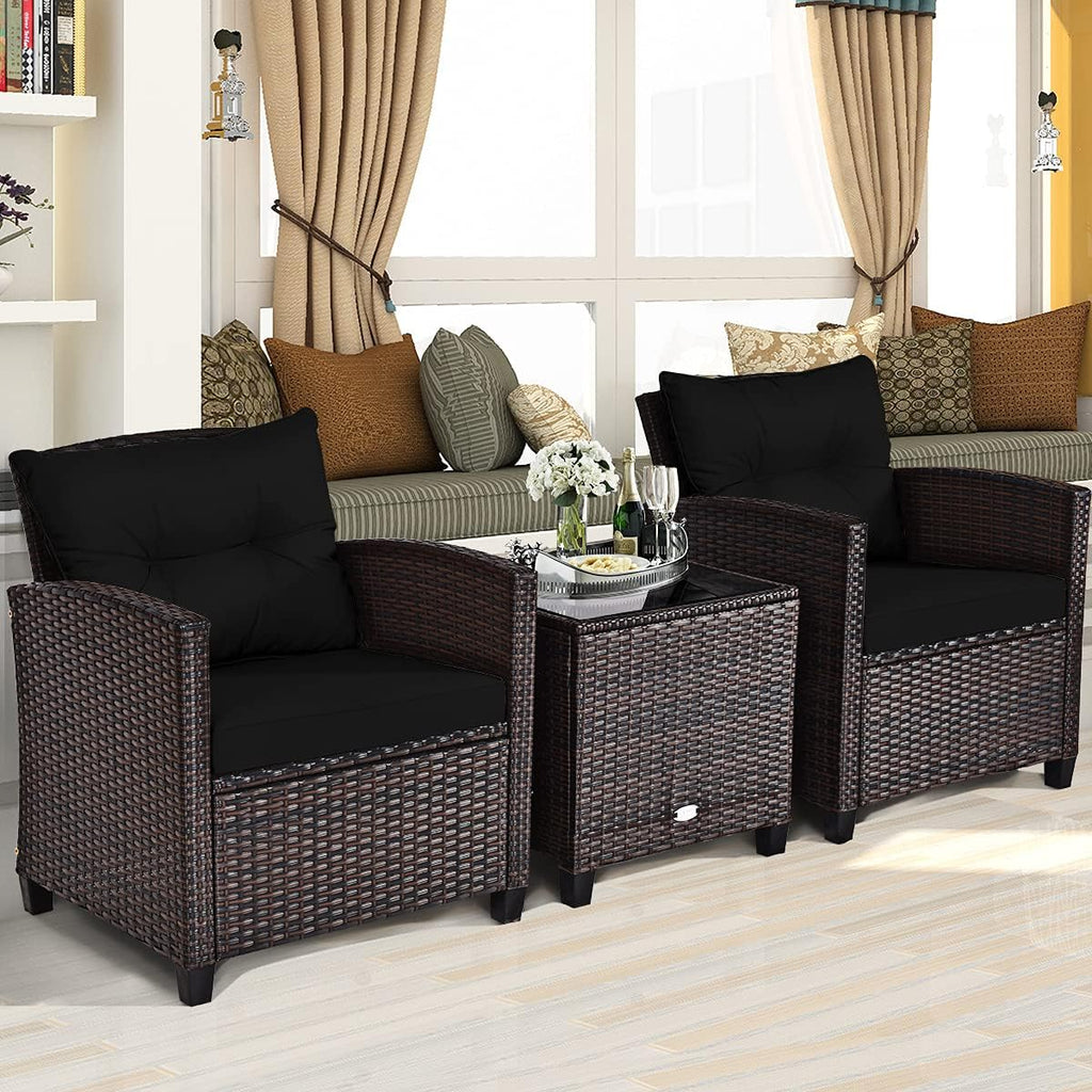 Tangkula 3 Pieces Patio Furniture Set, PE Rattan Wicker 3 Pcs Outdoor Sofa Set w/Washable Cushion and Tempered Glass Tabletop, Conversation Furniture for Garden Poolside Balcony (Black)