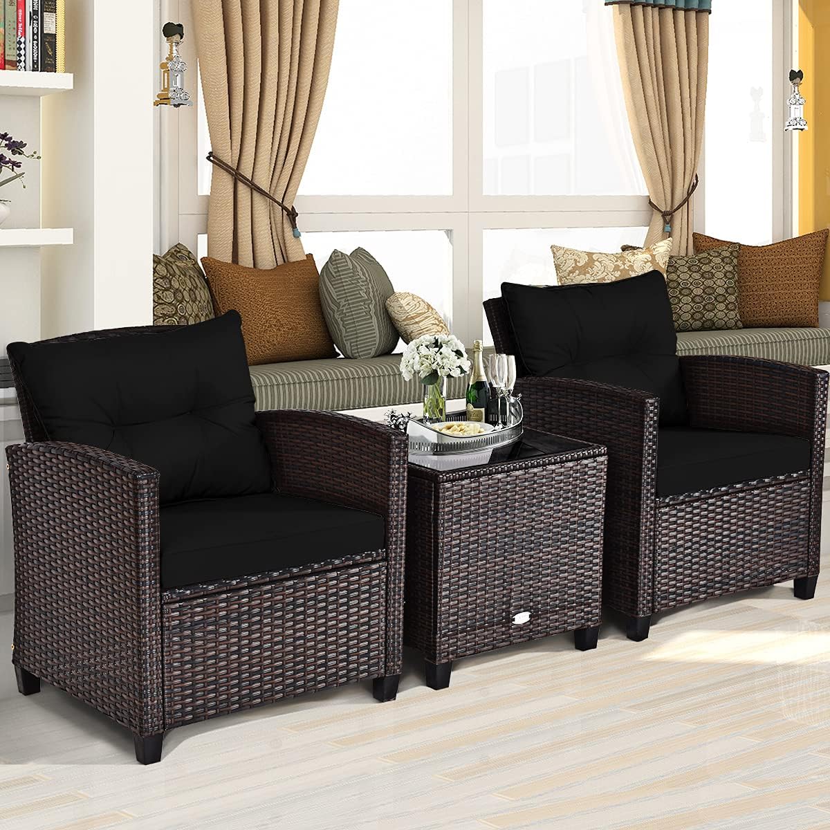 Tangkula 3 Pieces Patio Furniture Set, PE Rattan Wicker 3 Pcs Outdoor Sofa Set w/Washable Cushion and Tempered Glass Tabletop, Conversation Furniture for Garden Poolside Balcony (Black)