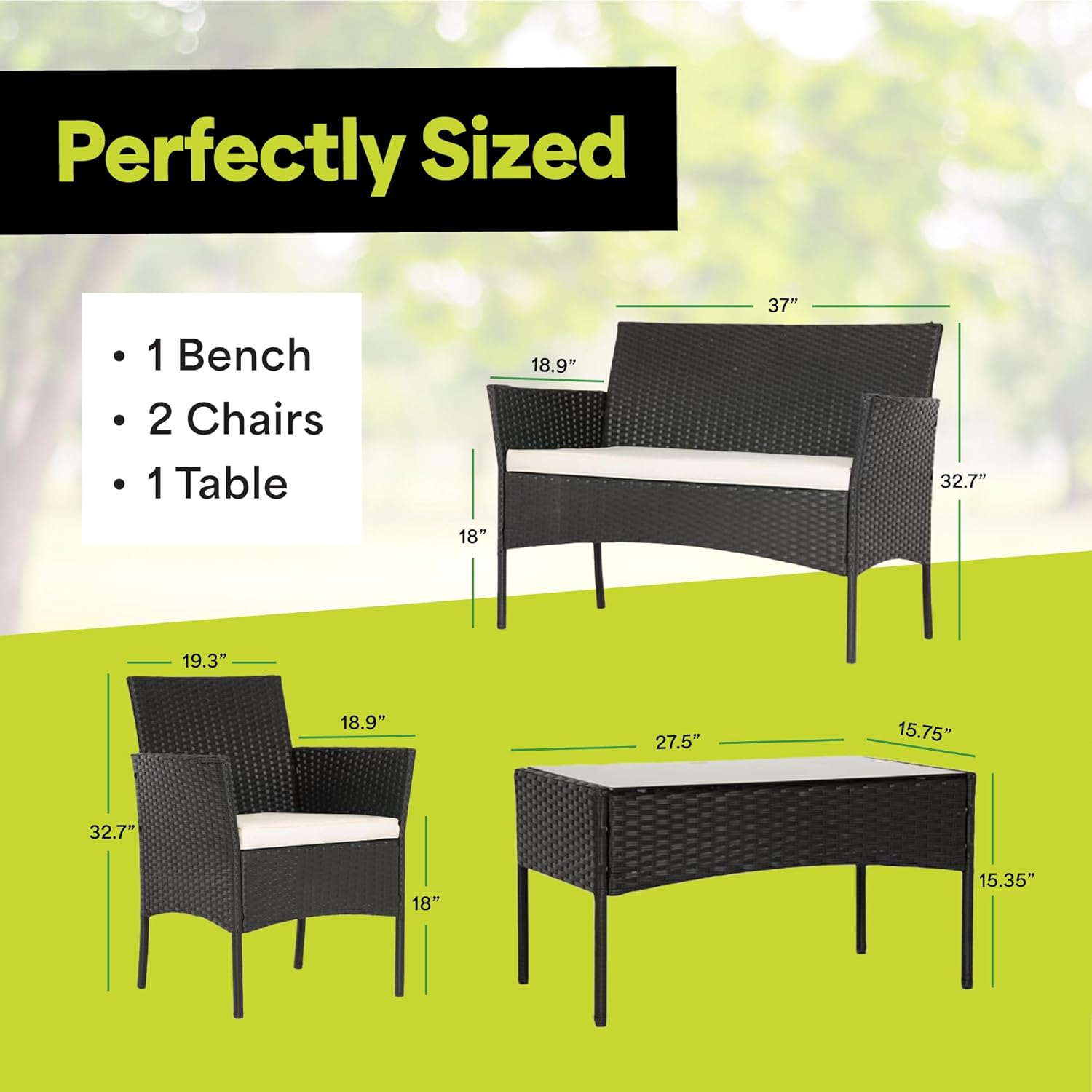 EconoHome 4-Piece Outdoor Patio Furniture Set - Patio Set with 2 Rattan Chairs, 1 Loveseat & 1 Glass -Top Coffee Table - Weather-Proof Wicker with Cushions - Conversation Set for Porch, Balcony, Lawn