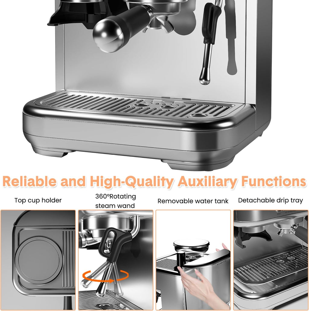 CABIHOME Semi Automatic Espresso Machine, Latte Machine for Home, Espresso Maker with Grinder, LCD Display & Steamer, 250g Bean Container, for Cappuccino, Latte, PID Temp Control
