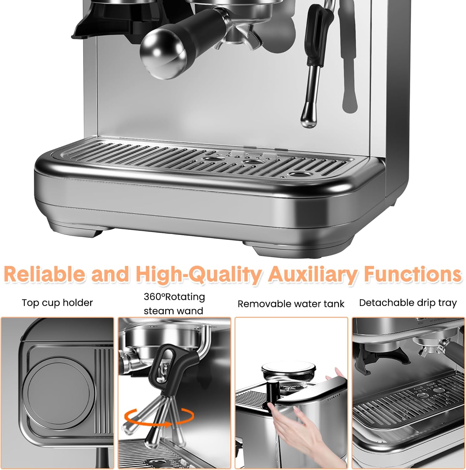 CABIHOME Semi Automatic Espresso Machine, Latte Machine for Home, Espresso Maker with Grinder, LCD Display & Steamer, 250g Bean Container, for Cappuccino, Latte, PID Temp Control