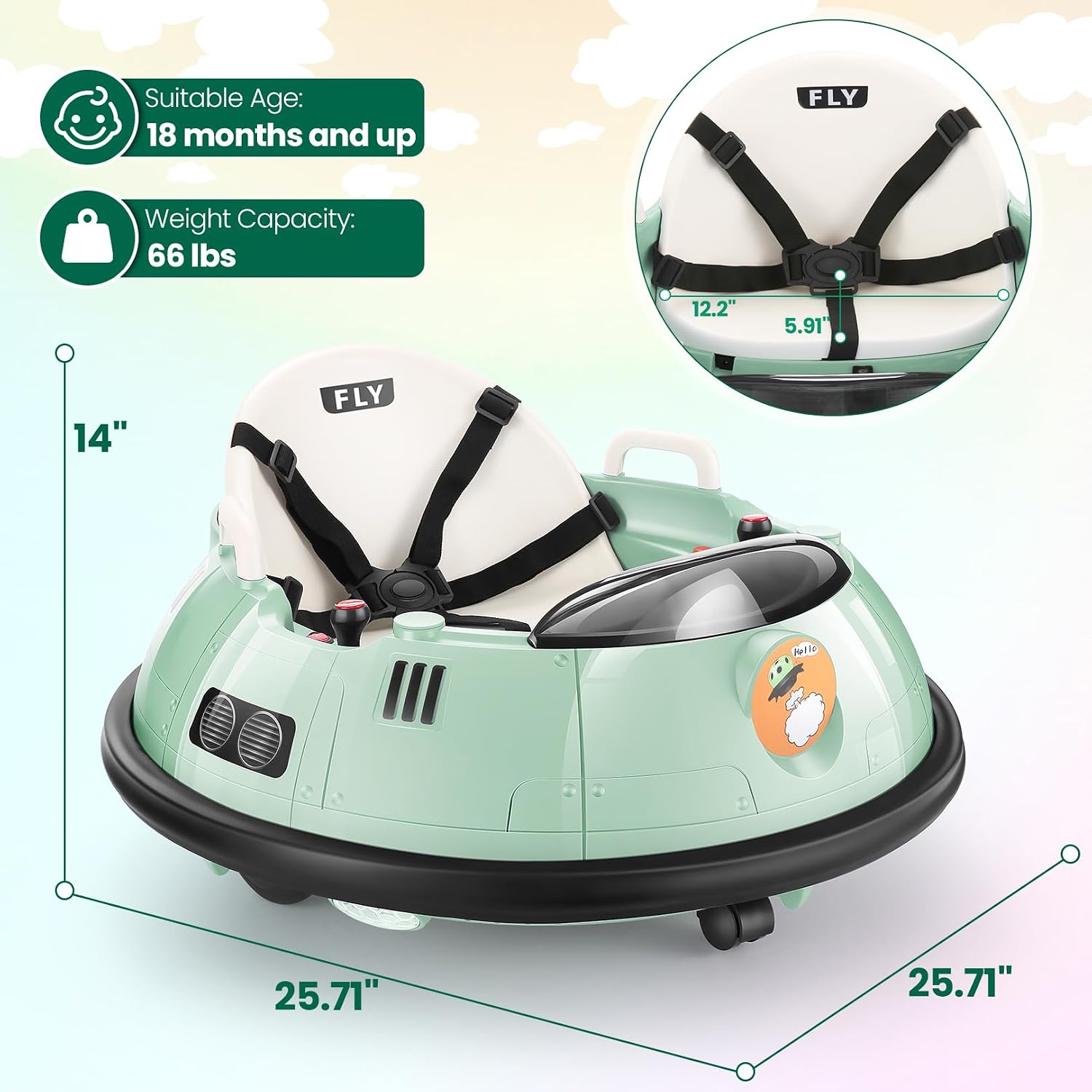 Hikole Baby Bumper Car with Remote Control, 12V Battery Powered Ride on Bumper Car for Toddler with 3 Speed, 360 Degree Spin, LED Lights, Safety Belt, Dual Joysticks, Green