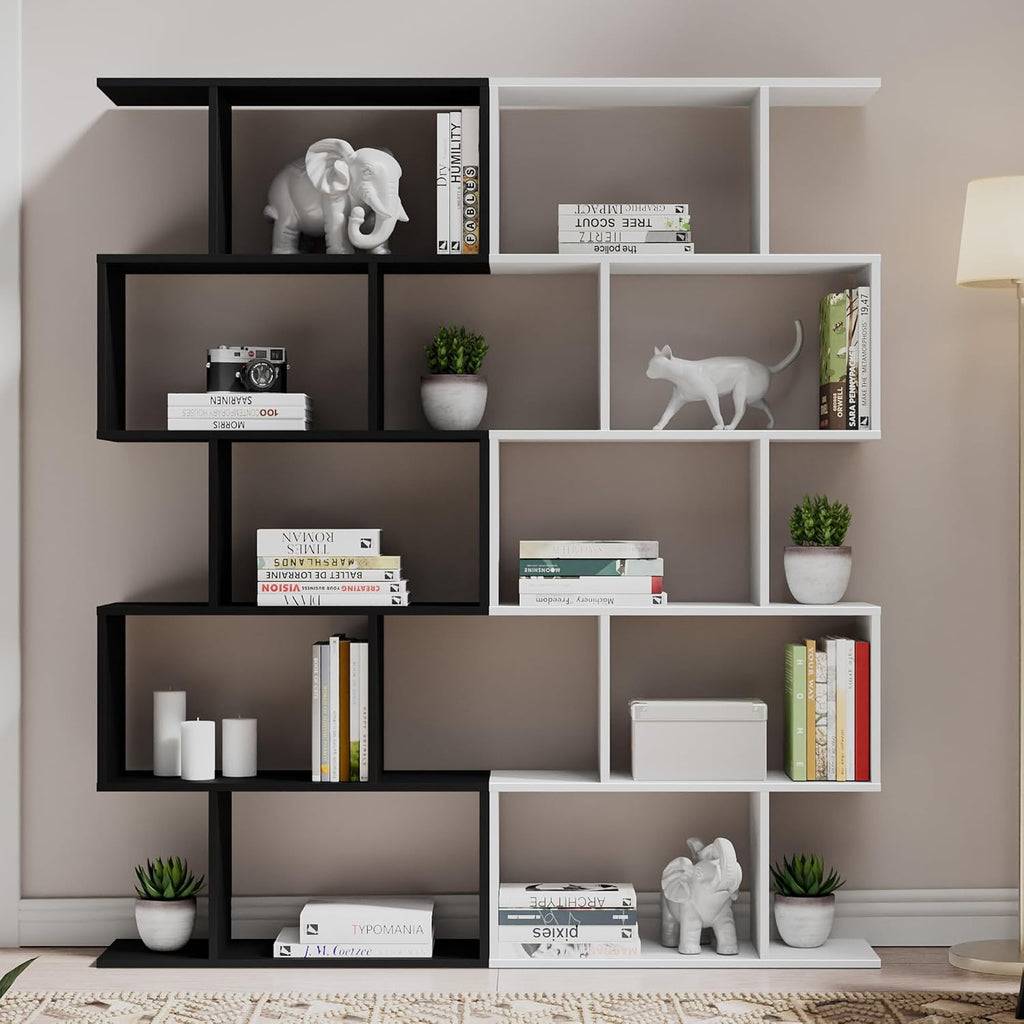 Cozy Castle Set of 2 Geometric Bookcase, S-Shaped Modern Bookshelf, Room Divider Bookshelf, 62' Tall Unique Abstract Bookcase with 5-Tier Display Shelf for Living Room Office, White & Black
