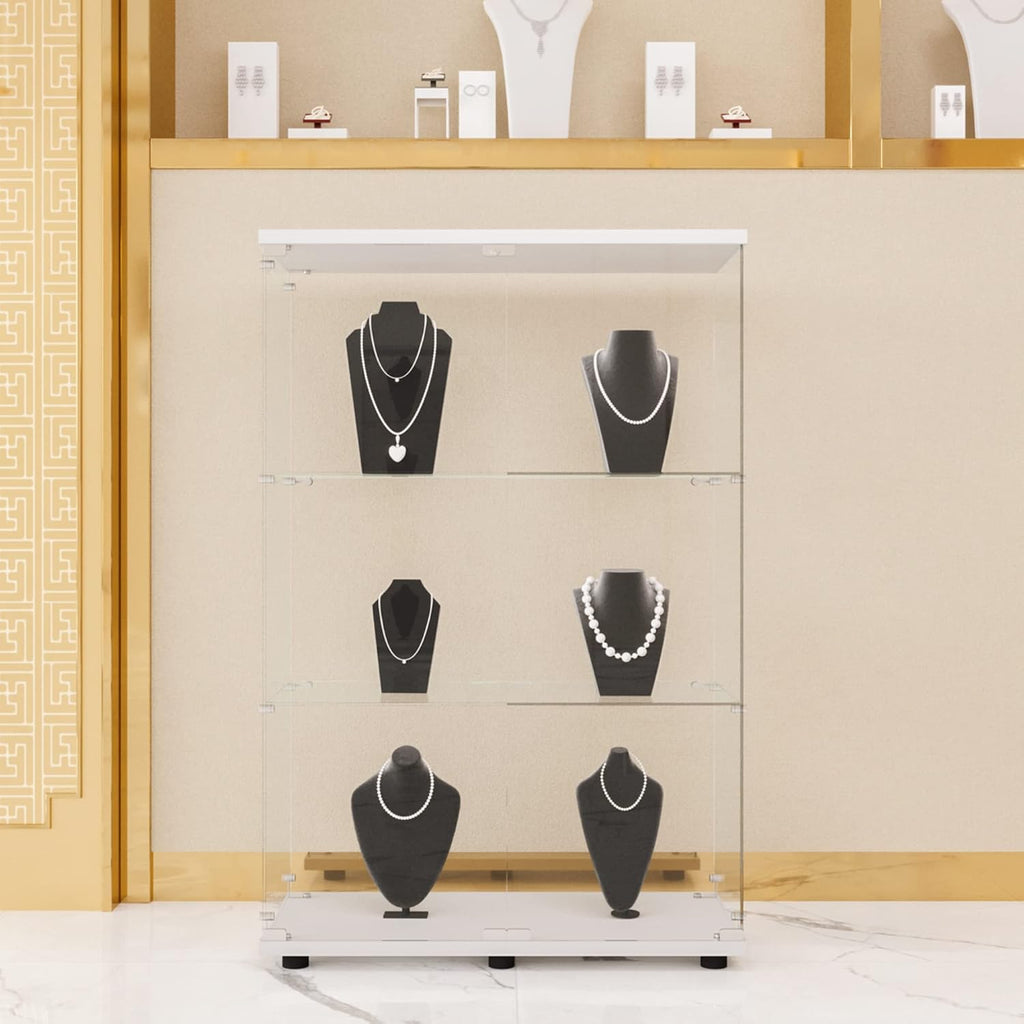 3-Tier Glass Display Cabinet,Curio Cabinet with Tempered Glass Door,Floor Standing Curio Bookshelf for Living Room Bedroom Office with Locks, Side by Side Doors (2 Doors,3 Shelves - White)