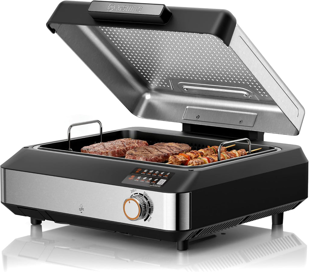 Kismile 2-in-1 Griddle and Indoor Grill,Electric Smokeless Grill with Temperature Control,Portable Smoke-Free Griddle for Indoor Steaks