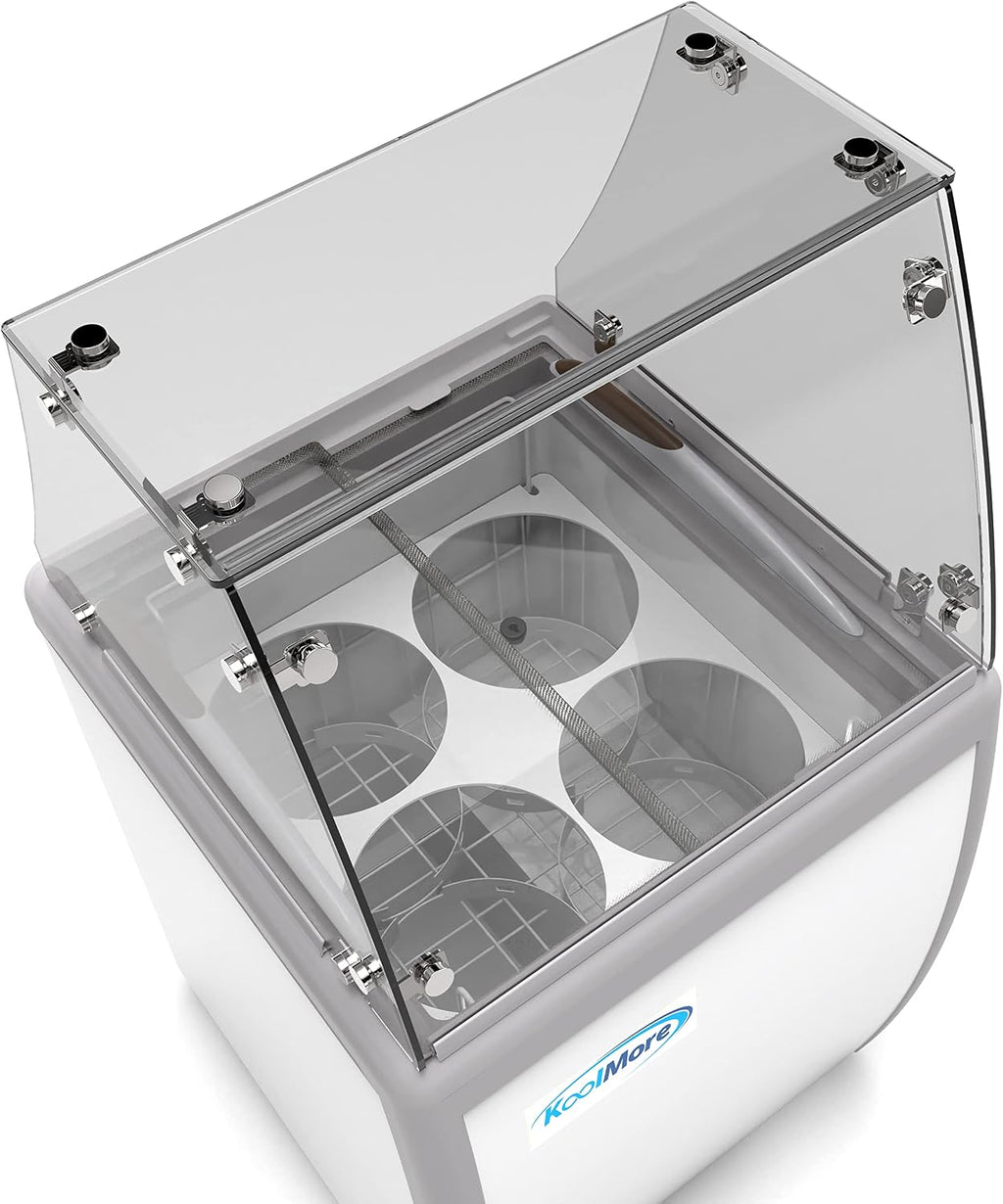 Koolmore 26 inch Commercial Ice Cream Dipping Cabinet Display Case, 4 Large Displayed Tubs, 2 Storing Tube, Sliding Glass Door, Rolling Wheels and Lockable Breaks [5.7 Cu. Ft.] (KM-ICD-26SD) White