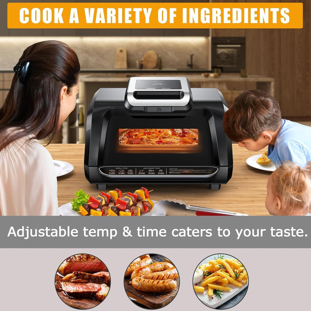 Indoor Smokeless Grill, Indoor Grill Air Fryer Combo with See, Electric Indoor Searing Grill with Adjustable Temperature Control, Nonstick Grate, Stainless Steel, 4Qt